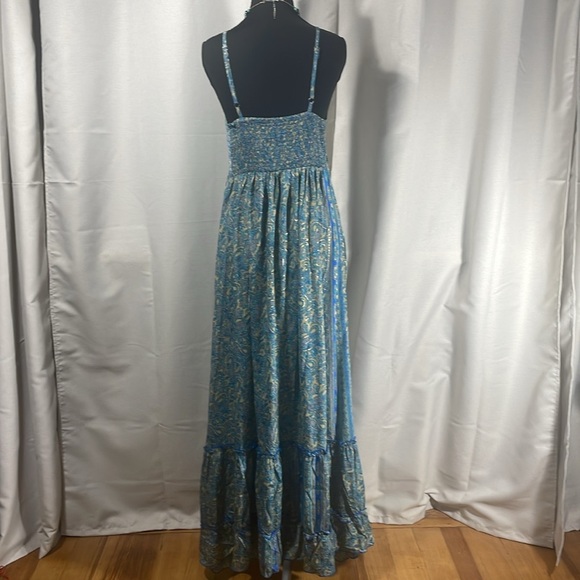Blue Ruched Tiered Halter Maxi Dress blue with gold foil flex - Picture 6 of 8
